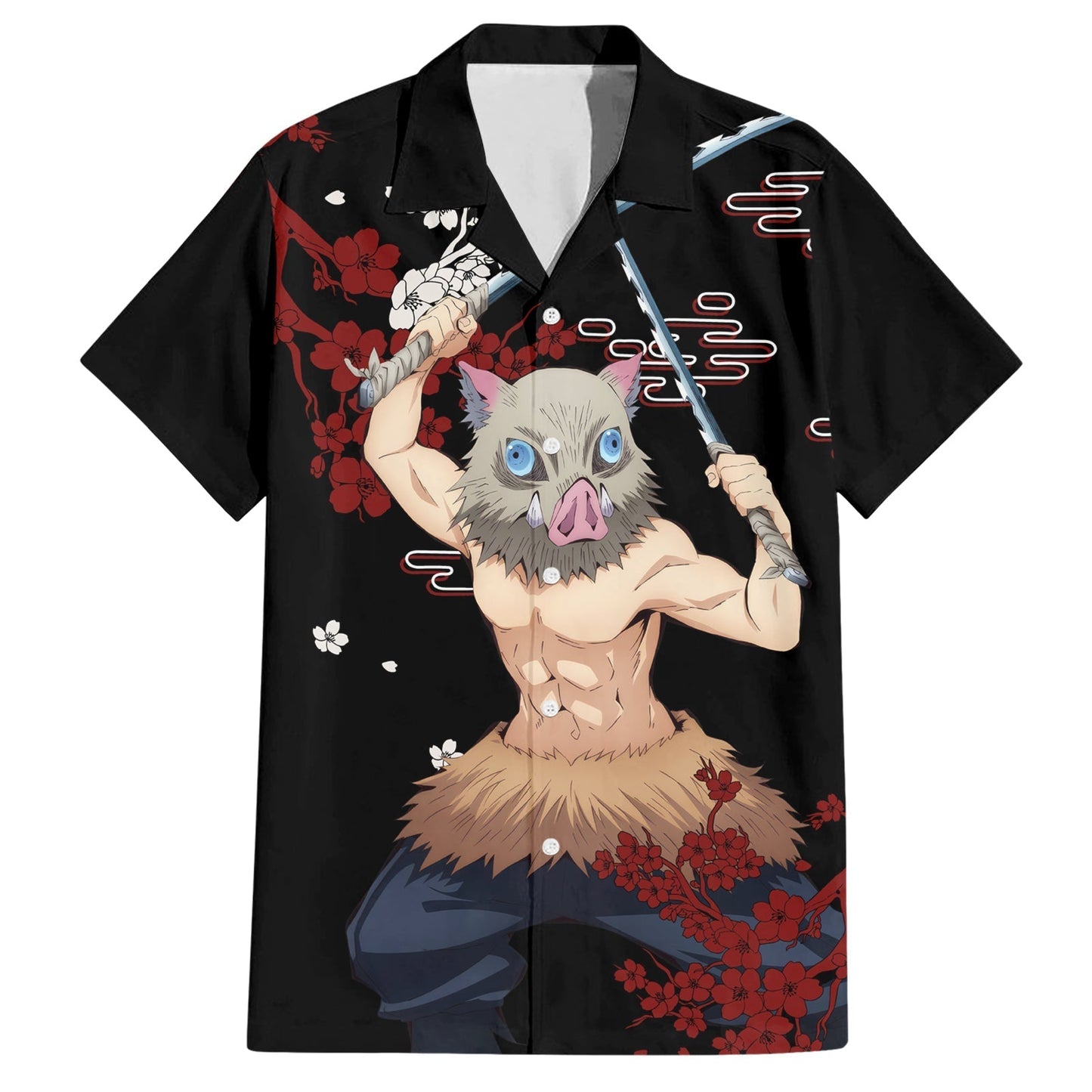 NoClaws NoClaws Demon Slayer Hawaii Shirt Inosuke Hashibira Cherry Blossom Hawaiian Shirt Black Unisex