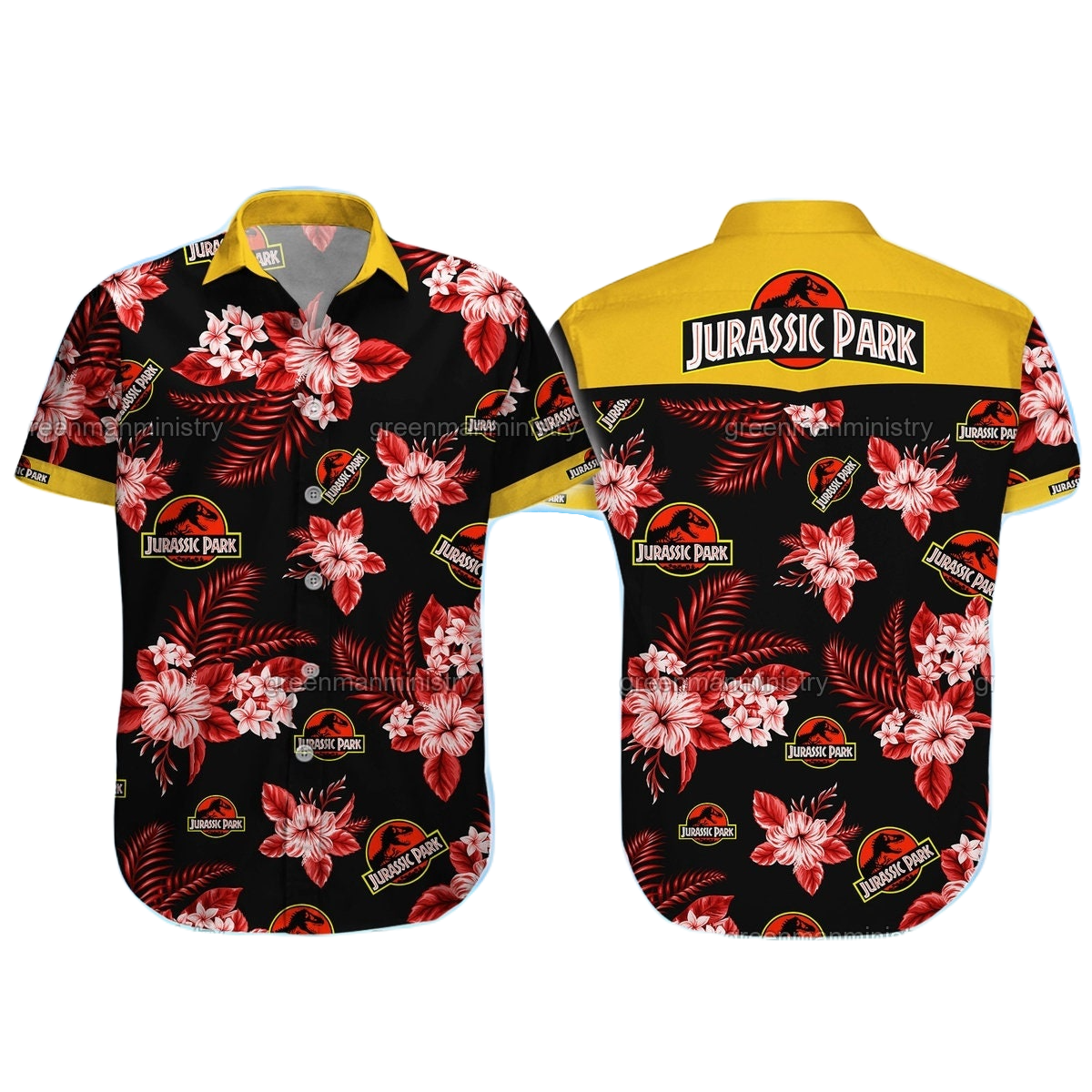 NoClaws Jurassic Park Hawaii Shirt Jurassic Park Hibiscus Flower Pattern Hawaiian Shirt Black Red Unisex