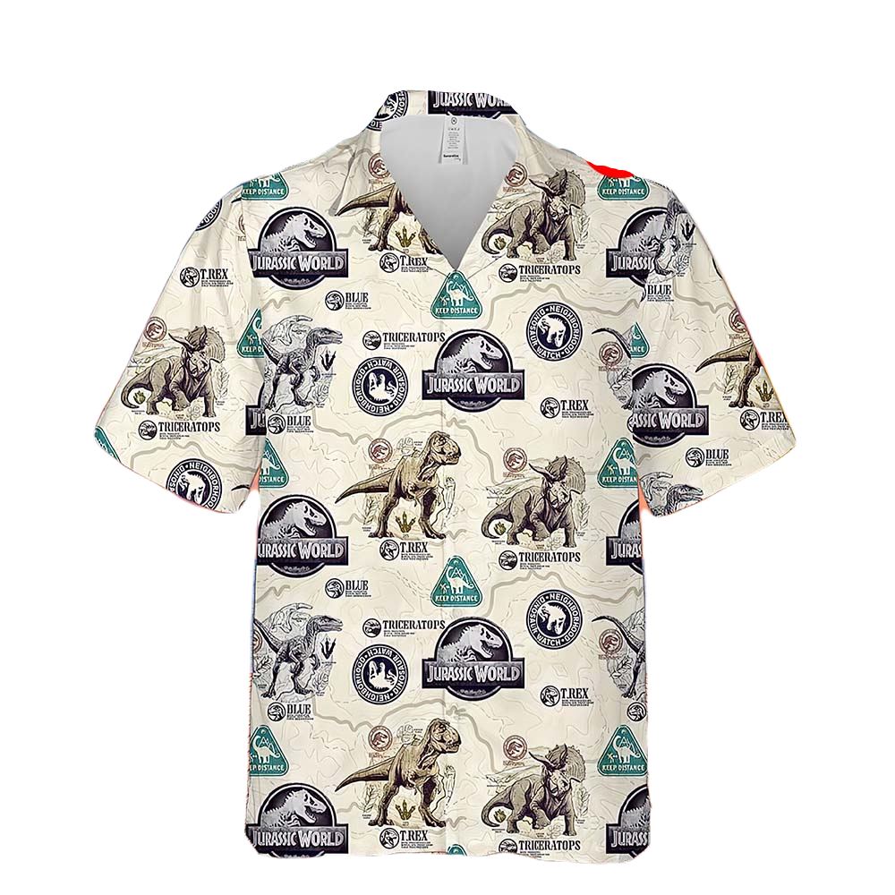 NoClaws Jurassic Park Hawaii Shirt Jurassic World Triceratops T-Rex Pattern Hawaiian Shirt White Unisex