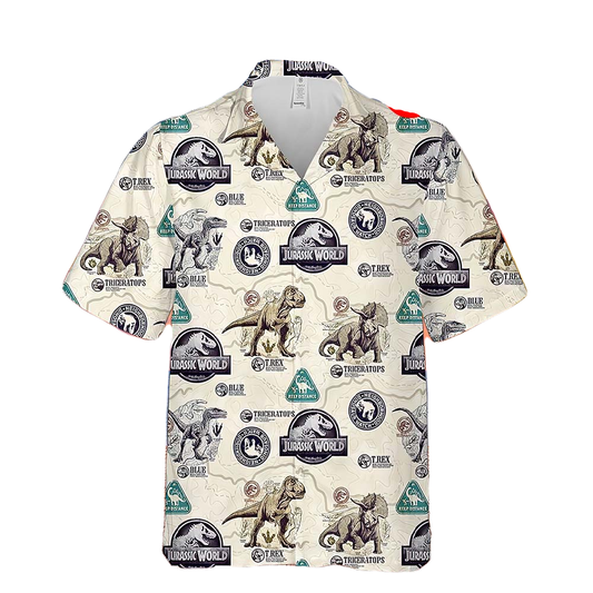 NoClaws Jurassic Park Hawaii Shirt Jurassic World Triceratops T-Rex Pattern Hawaiian Shirt White Unisex