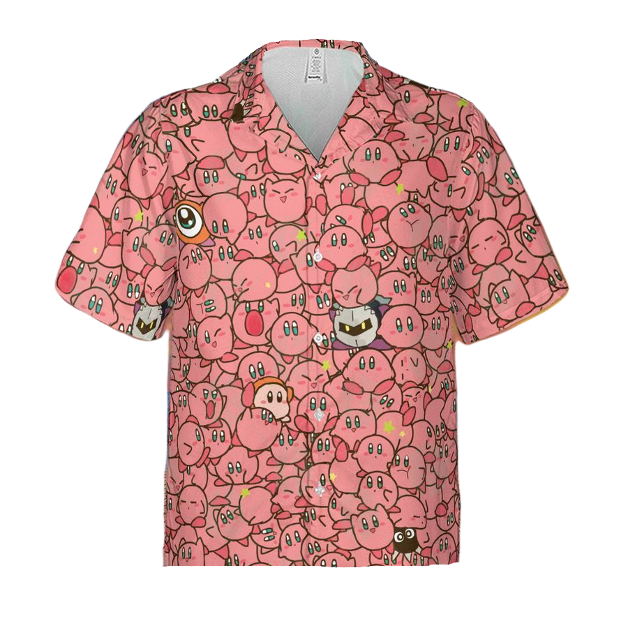 NoClaws NoClaws Kirby Hawaii Shirt Kirby Face Characters Doodle Pattern Hawaiian Shirt Pink Unisex