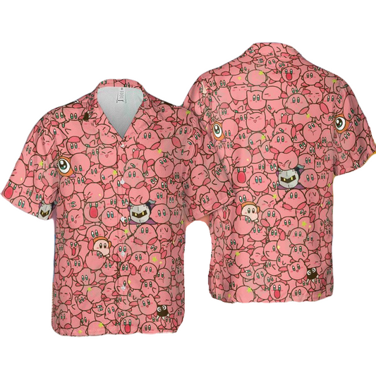NoClaws NoClaws Kirby Hawaii Shirt Kirby Face Characters Doodle Pattern Hawaiian Shirt Pink Unisex