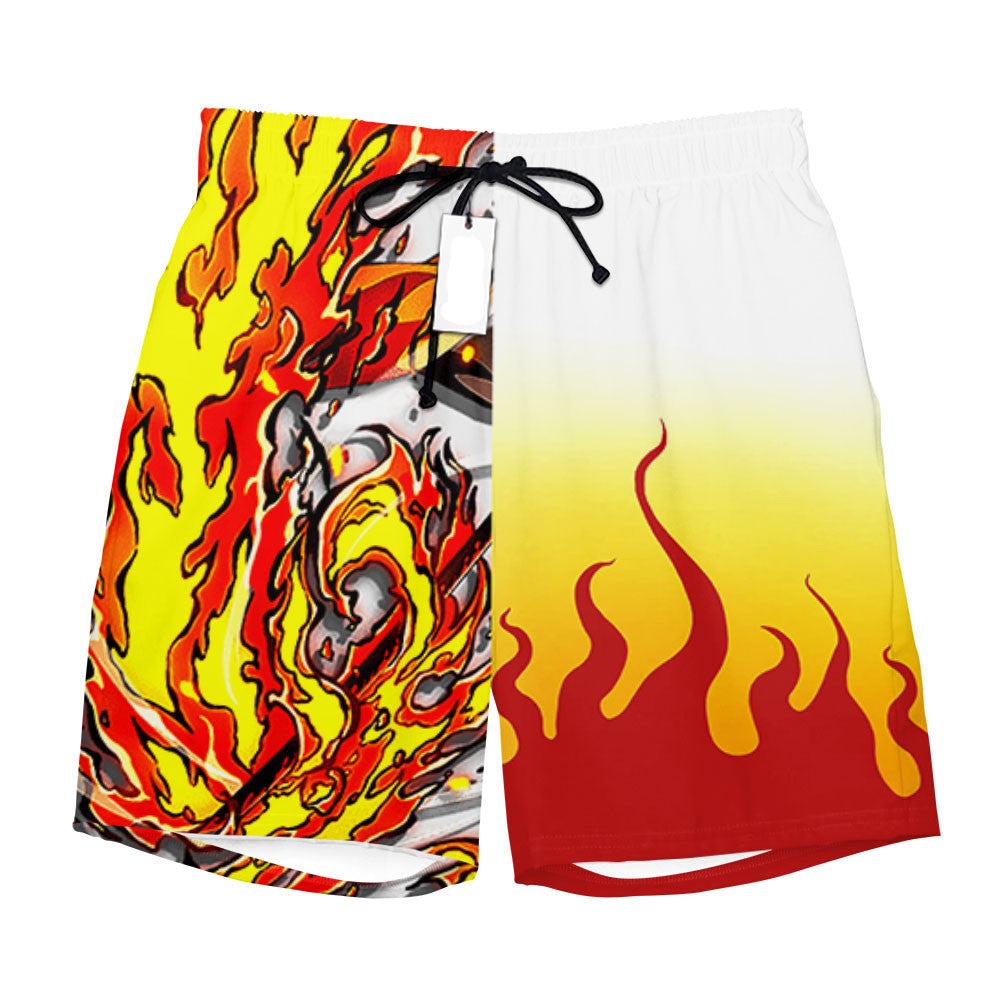 Demon Slayer Shorts Kyojuro Rengoku Pattern and Fire Breathing Beach Shorts White Yellow