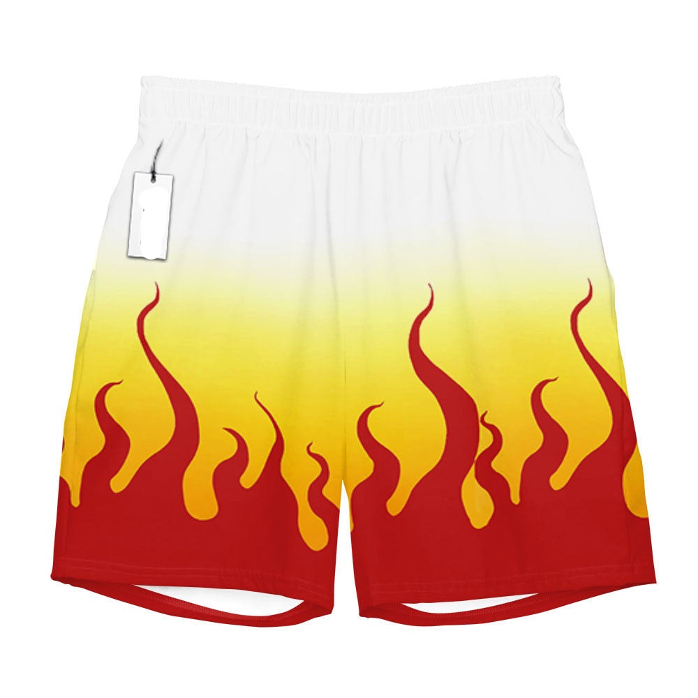 Demon Slayer Shorts Kyojuro Rengoku Pattern and Fire Breathing Beach Shorts White Yellow