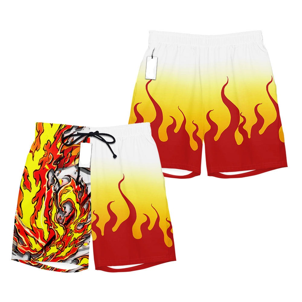 Demon Slayer Shorts Kyojuro Rengoku Pattern and Fire Breathing Beach Shorts White Yellow