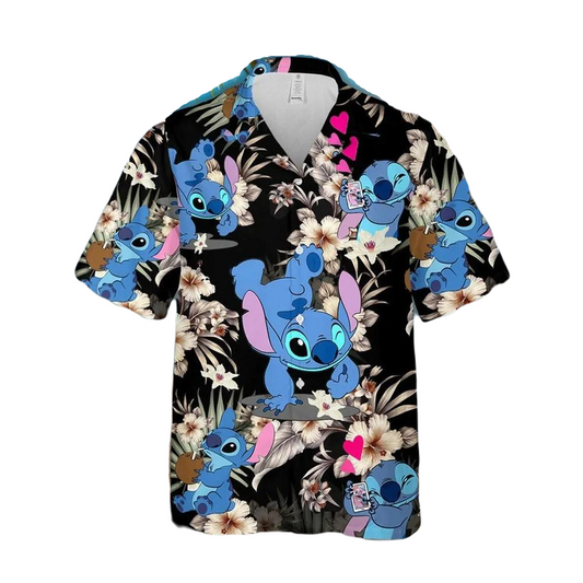 NoClaws Stitch Hawaii Shirt Lovely Stitch Hibicus Graphic Aloha Shirt Black White Unisex Adults New Release