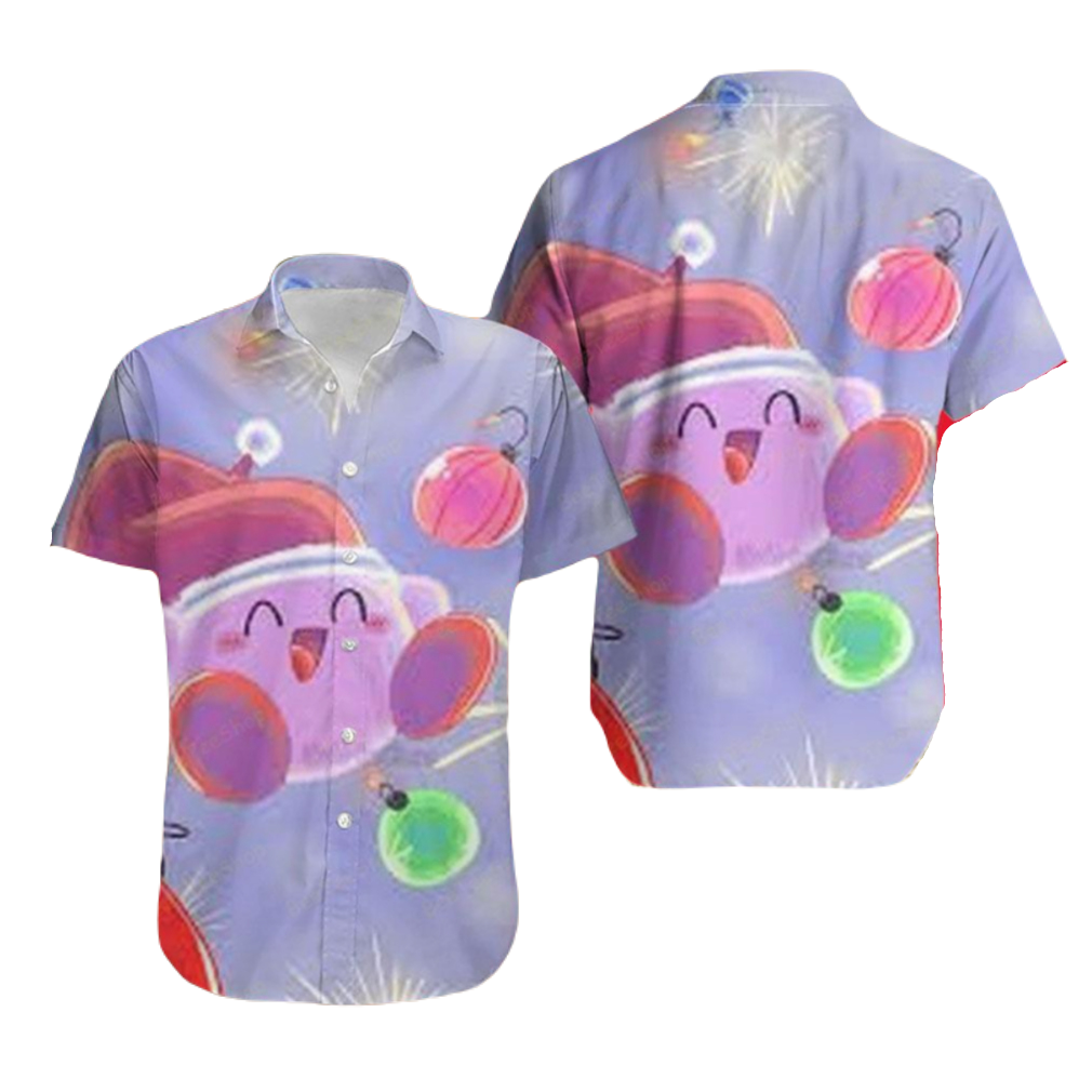 NoClaws NoClaws Kirby Hawaii Shirt Kirby Christmas Hat Baubles Pattern Hawaiian Shirt Colorful Unisex