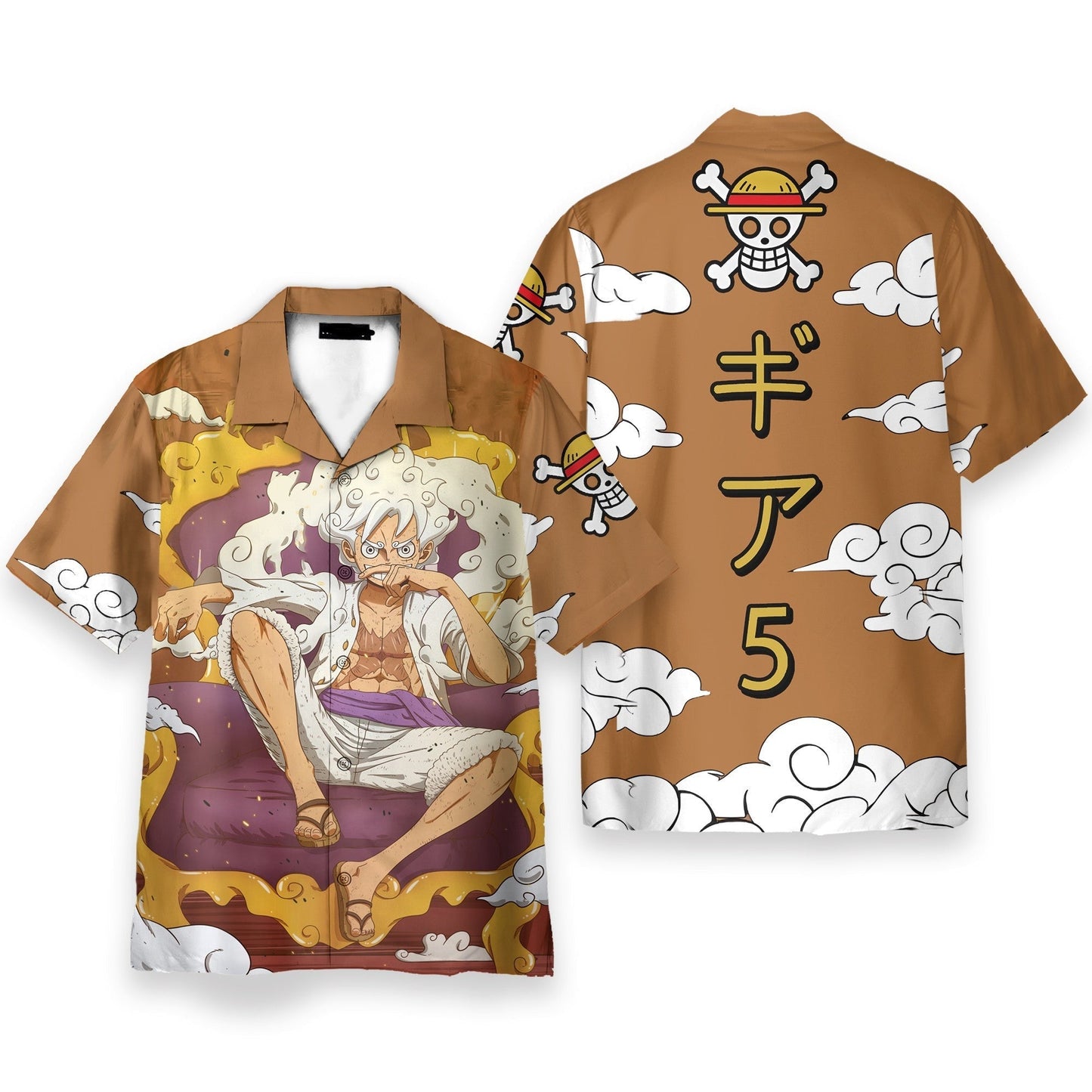 NoClaws NoClaws One Piece Hawaii Shirt Luffy Gear 5 Cloud Pattern Hawaiian Shirt Brown Unisex