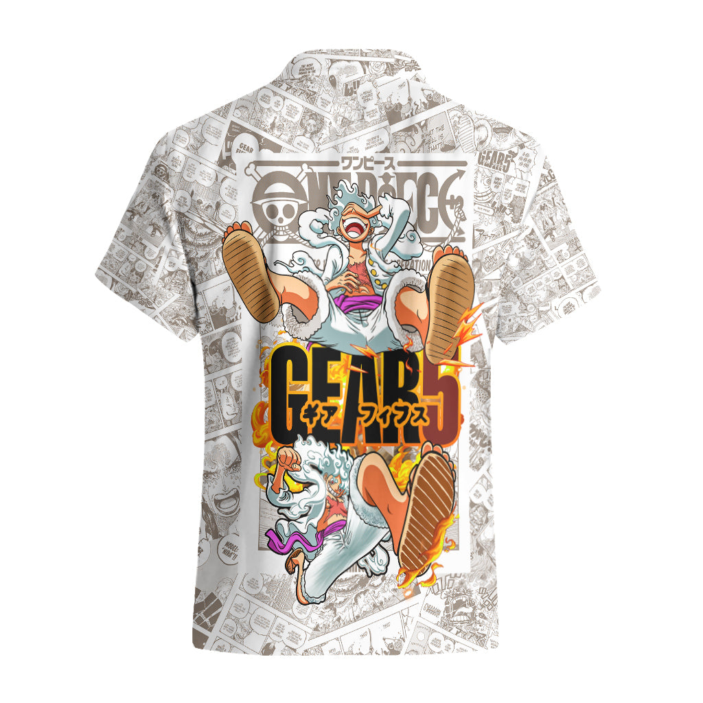 NoClaws NoClaws One Piece Hawaii Shirt Luffy Gear 5 Nika God Manga Pattern Hawaiian Shirt White Orange Unisex