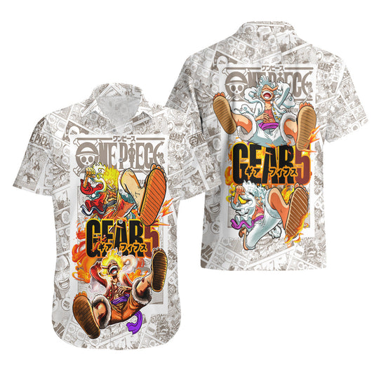 NoClaws NoClaws One Piece Hawaii Shirt Luffy Gear 5 Nika God Manga Pattern Hawaiian Shirt White Orange Unisex