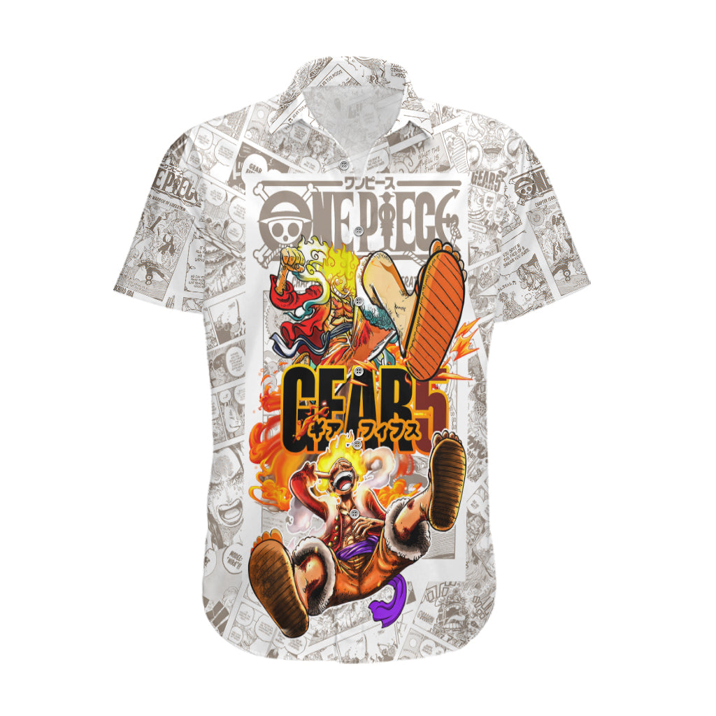 NoClaws NoClaws One Piece Hawaii Shirt Luffy Gear 5 Nika God Manga Pattern Hawaiian Shirt White Orange Unisex