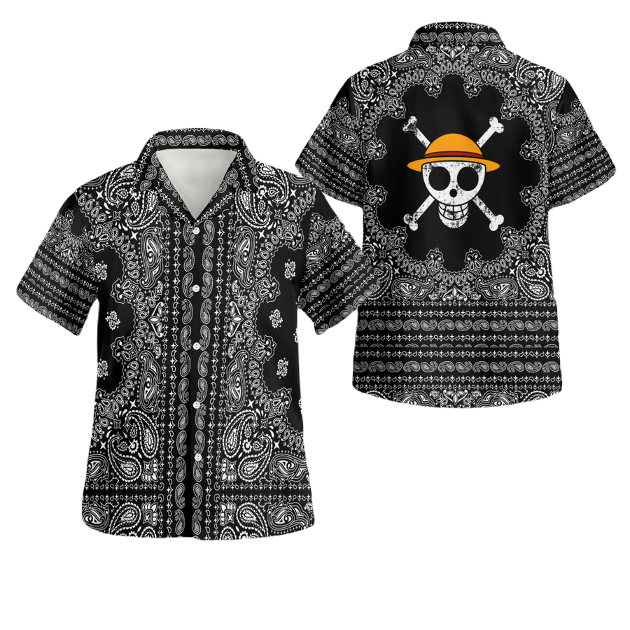NoClaws NoClaws One Piece Hawaii Shirt One Piece Luffy Jolly Roger Mandala Pattern Hawaiian Shirt Black Unisex