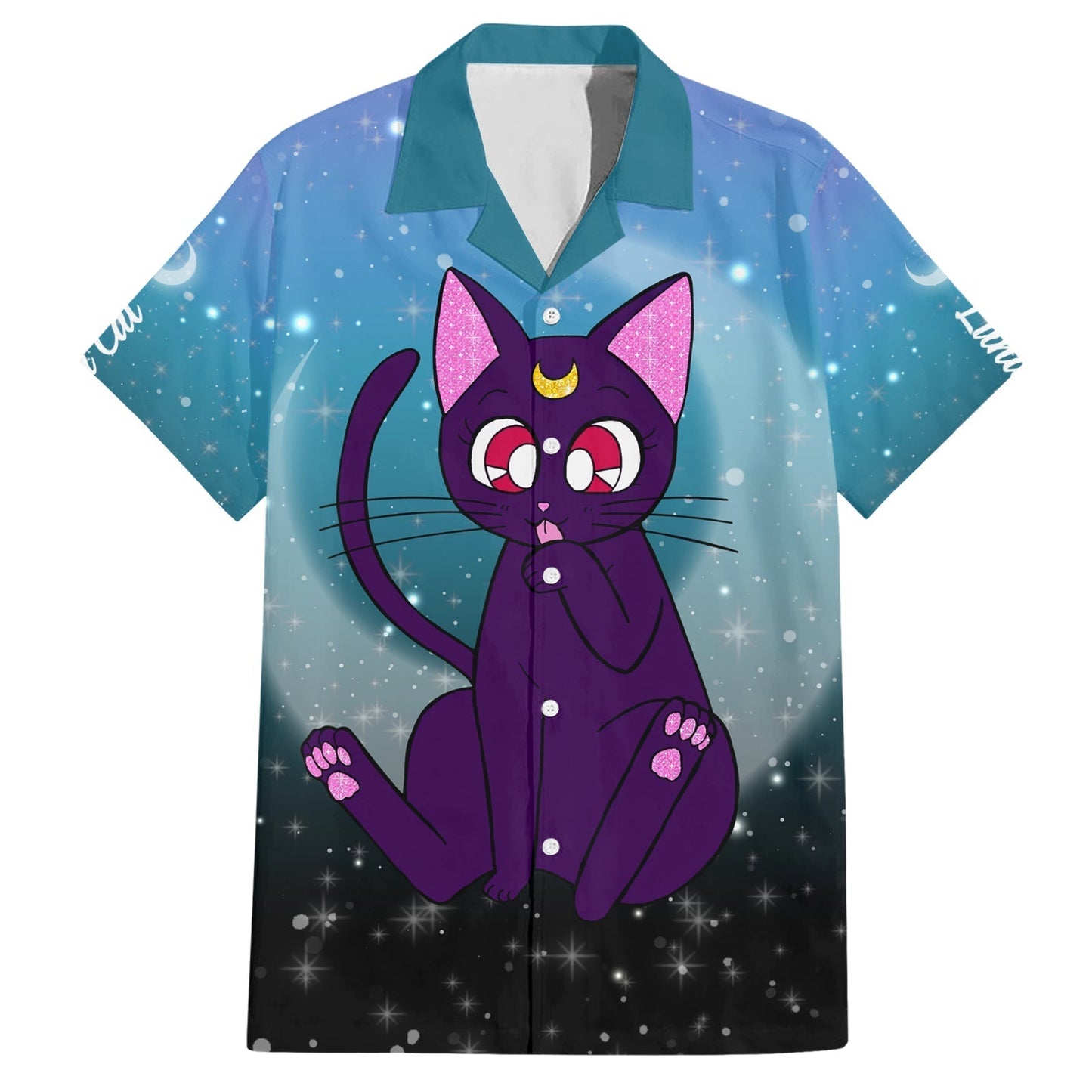 NoClaws NoClaws Sailor Moon Hawaii Shirt Sailor Moon Luna Cat Graphic Hawaiian Shirt Black Blue Unisex