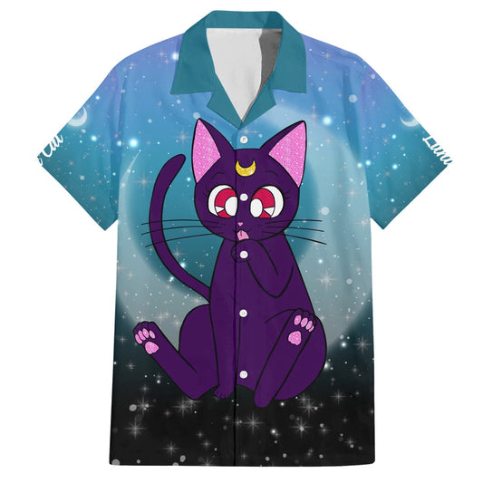 NoClaws NoClaws Sailor Moon Hawaii Shirt Sailor Moon Luna Cat Graphic Hawaiian Shirt Black Blue Unisex