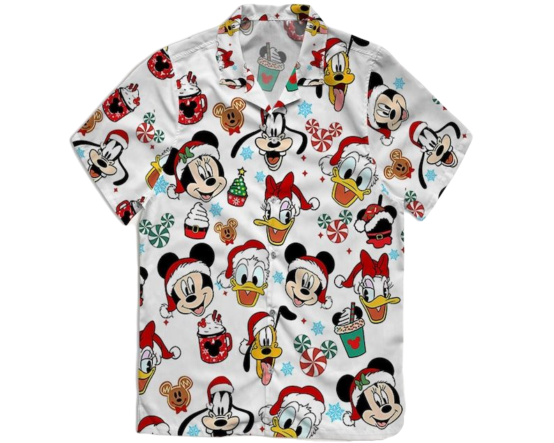 NoClaws Disney Hawaii Shirt Disney Characters With Christmas Hat And Drinks Hawaiian Shirt Red White Unisex
