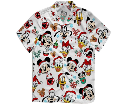 NoClaws Disney Hawaii Shirt Disney Characters With Christmas Hat And Drinks Hawaiian Shirt Red White Unisex
