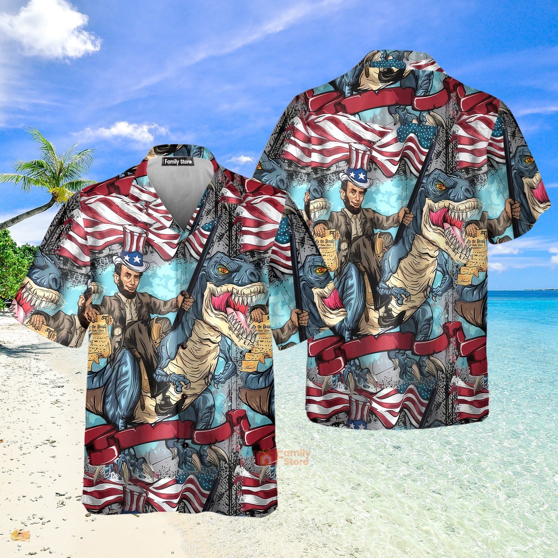 Flag Dinosaur Chest Pocket Short Sleeve Casual Shirt Hawaiian Shirt