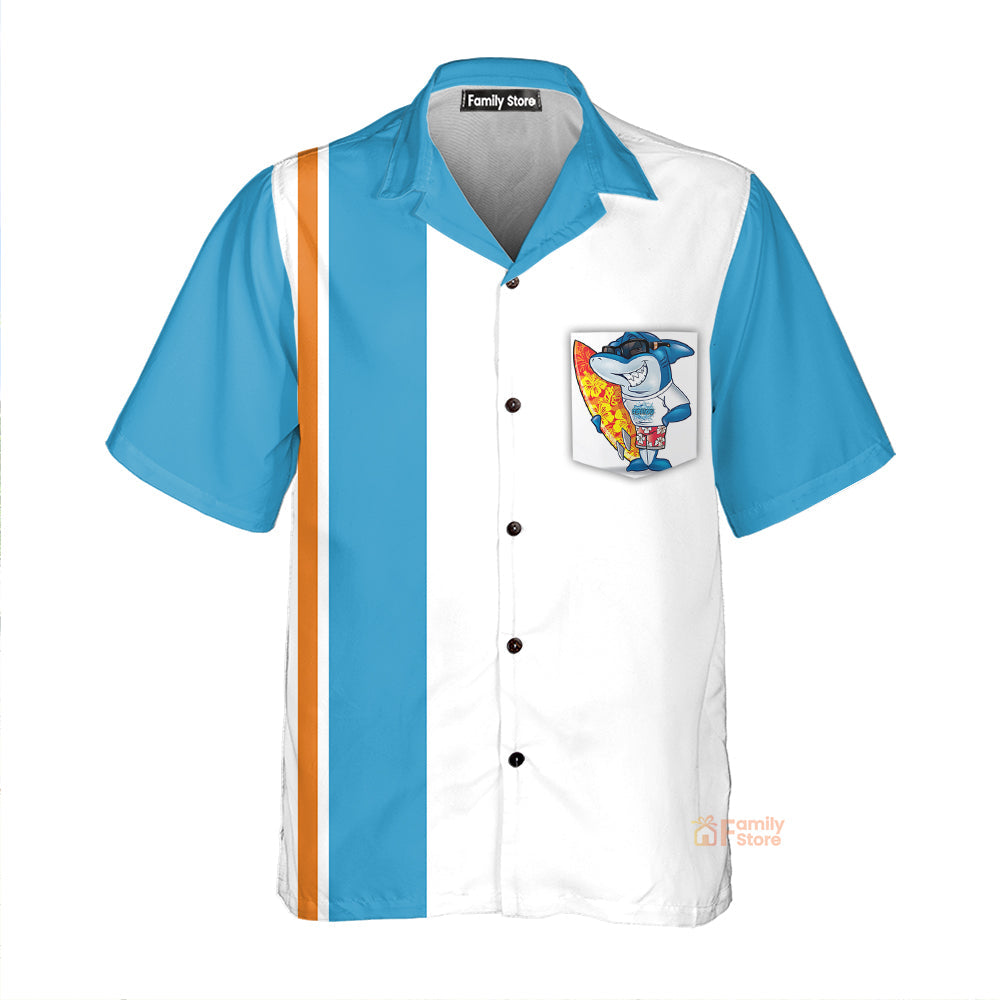 Cartoon Retro Surf Shark Chest Pocket Short Sleeve Hawaiian Shirt