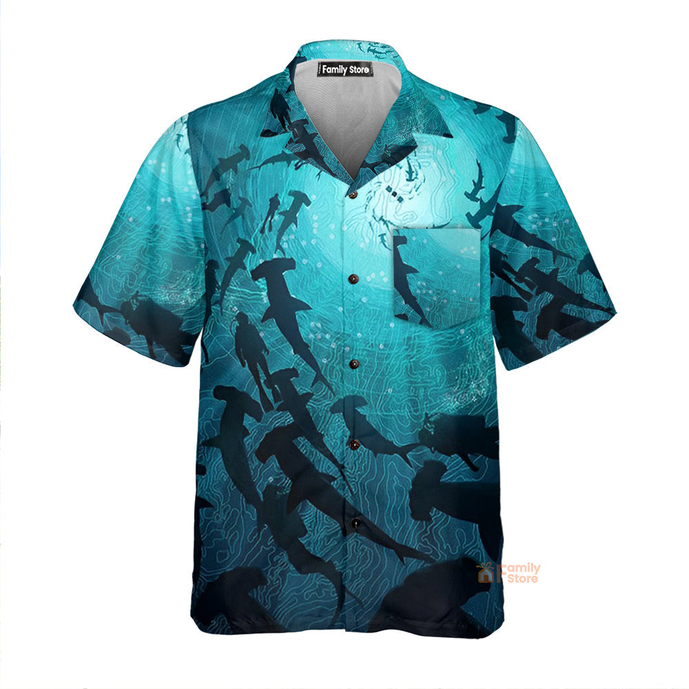 Ocean Themed Marine Life Shark - Chest Pocket Short Sleeve Hawaiian Shirt