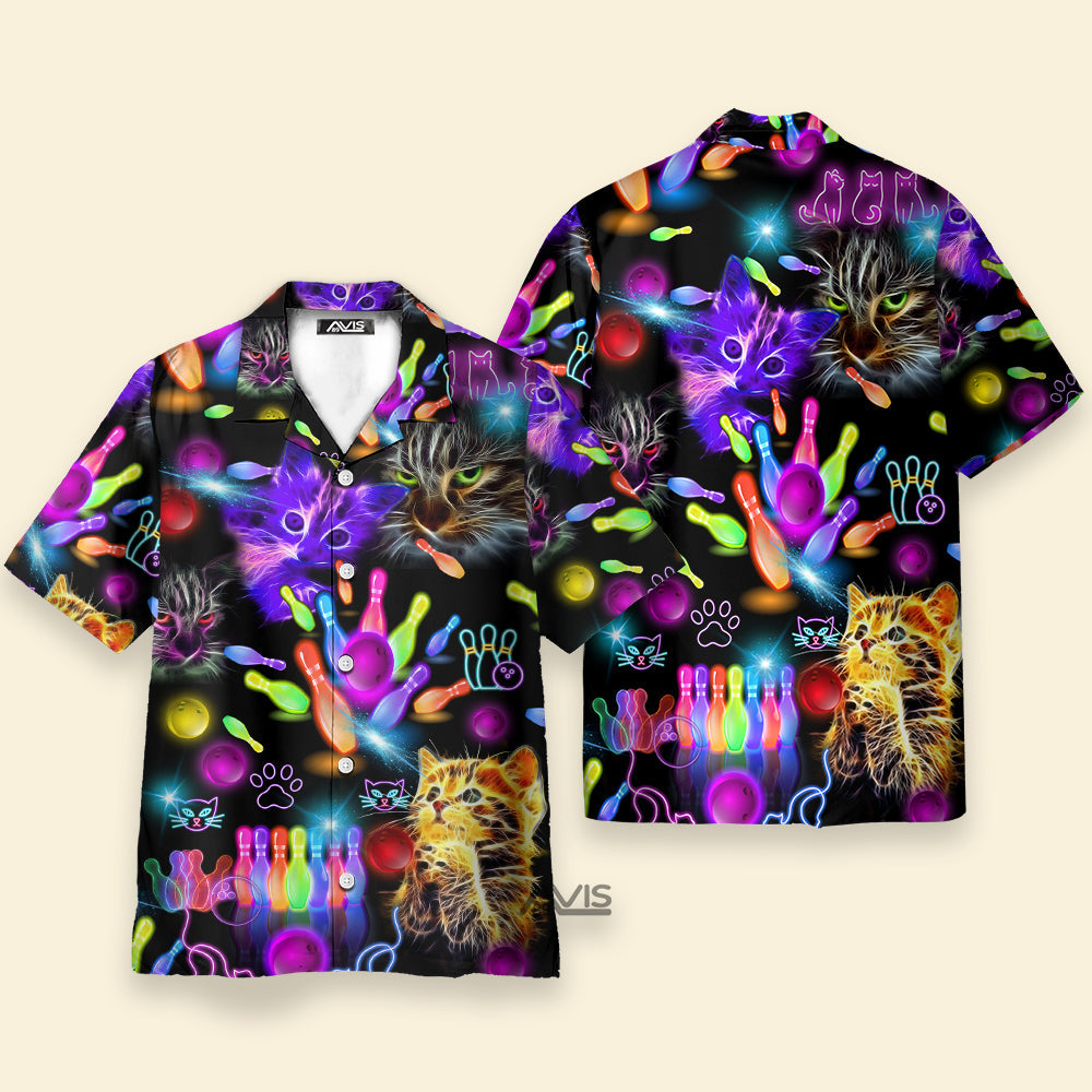 Neon Kitty Play Bowling In The Dark Colorful - Hawaiian Shirt