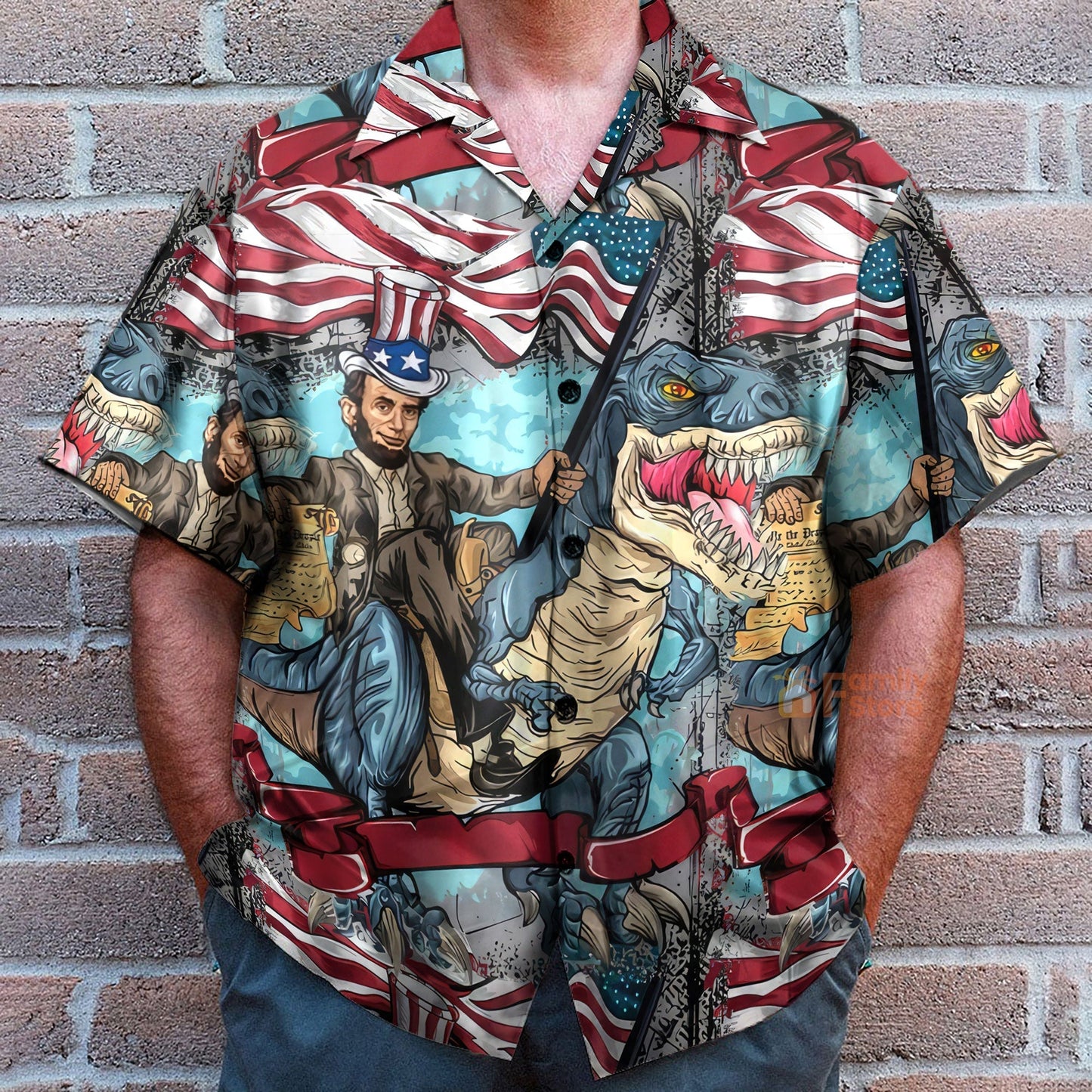 Flag Dinosaur Chest Pocket Short Sleeve Casual Shirt Hawaiian Shirt