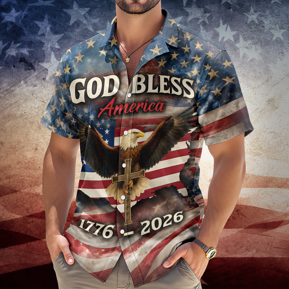 God Bless America Eagle 1776–2026 - Hawaiian Shirt - Gift for Dad, Husband, Grandpa HN02