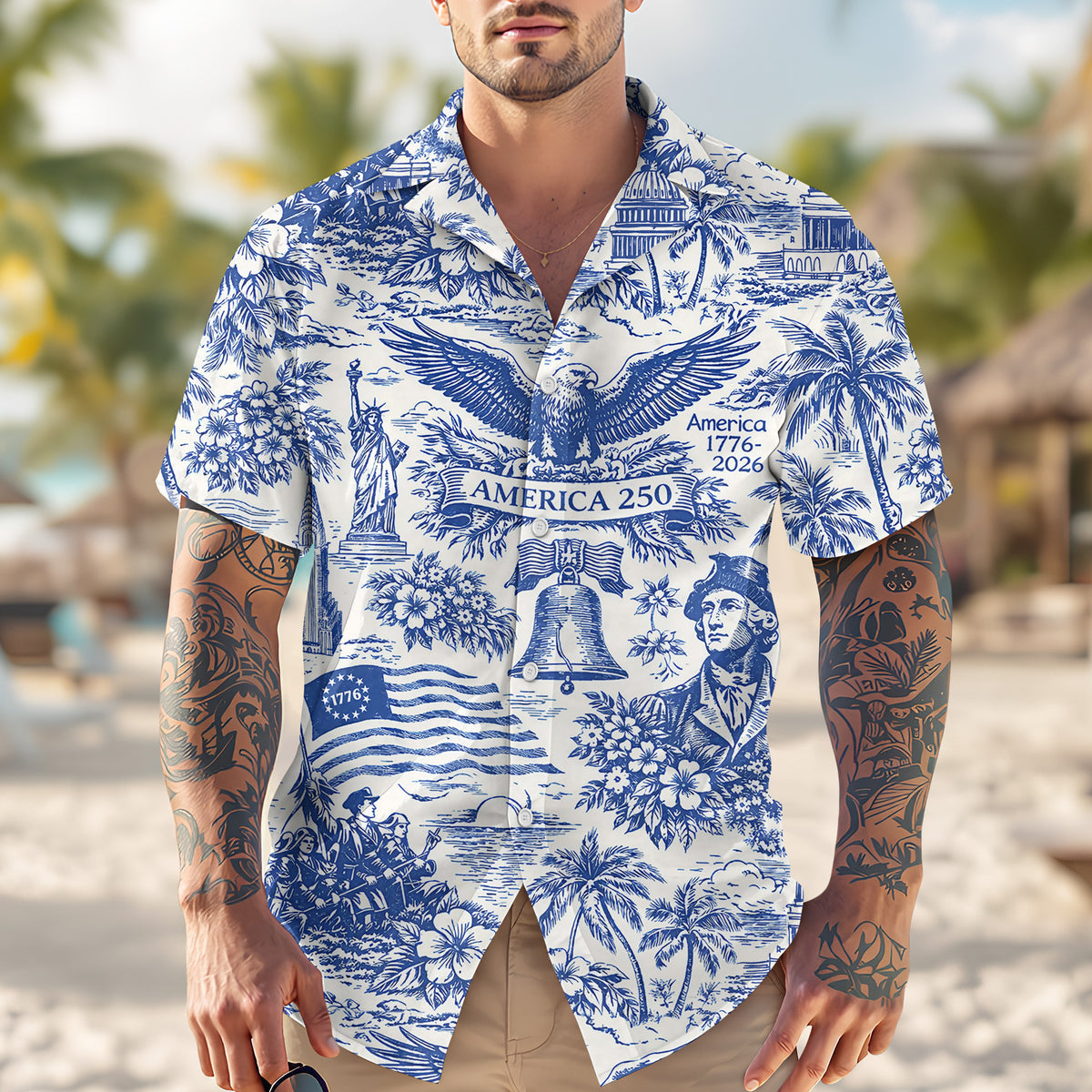 America 250th Anniversary Toile De Jouy Style Patriotic - Hawaiian Shirt - Gift for Dad, Husband, Grandpa | HN02