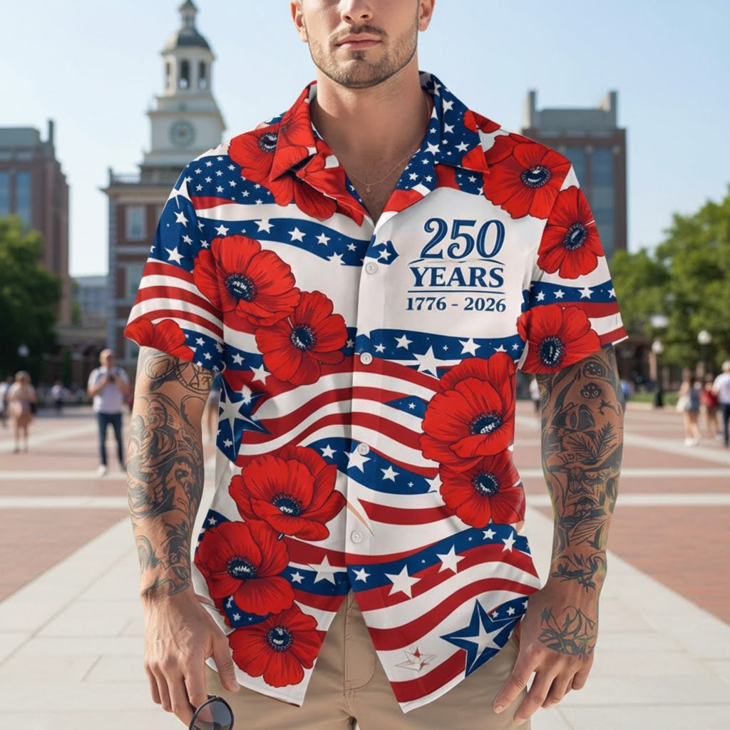 250 Years 1776-2026 With Flower - Hawaiian Shirt - Gift for Dad, Husband, Grandpa | HN02