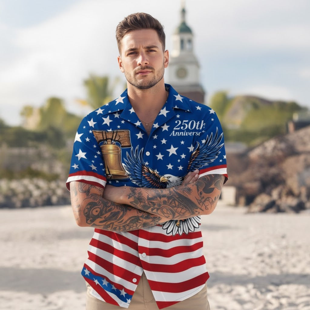 250th Anniversary America Flag With Eagle - Hawaiian Shirt - Gift for Dad, Husband, Grandpa | HN02