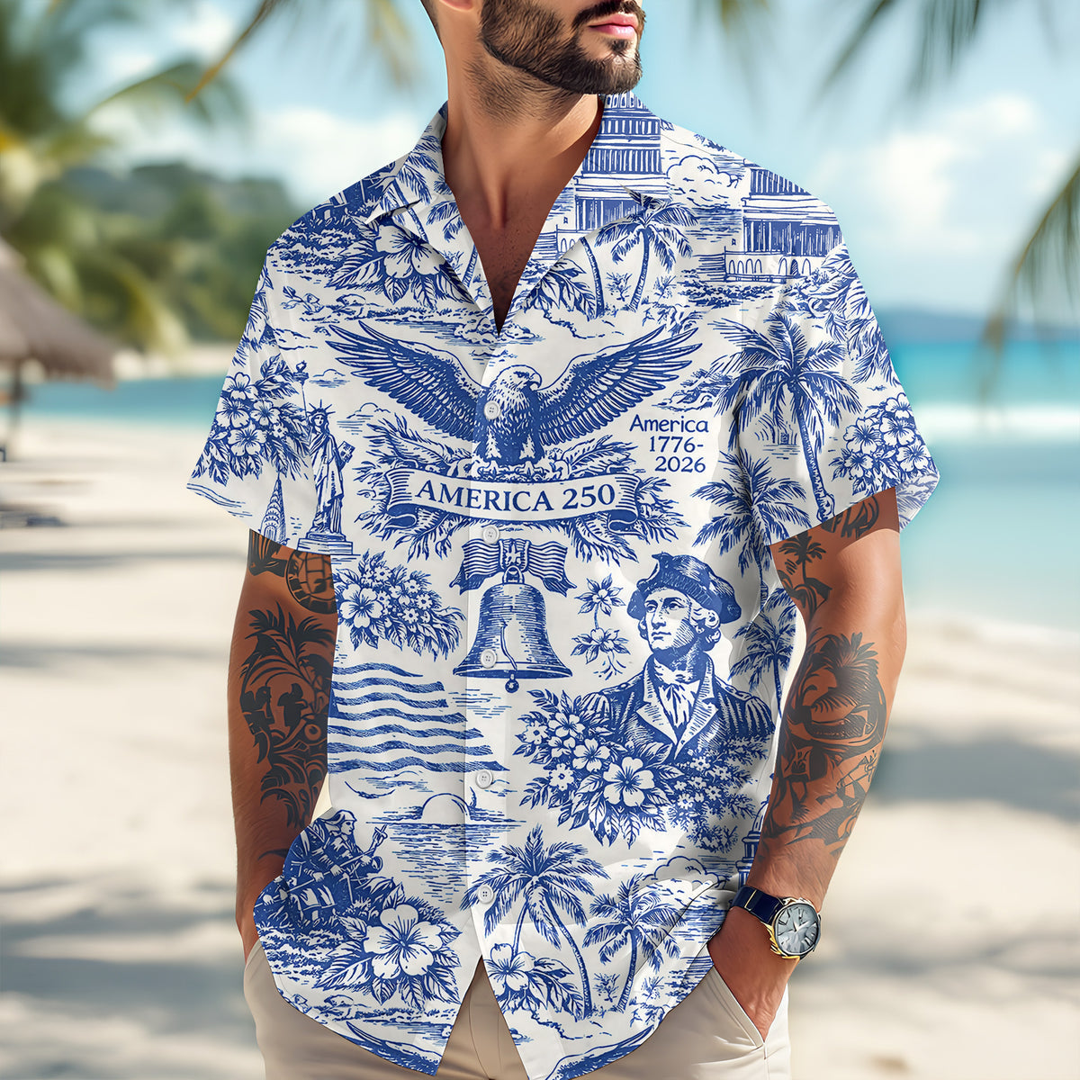 America 250th Anniversary Toile De Jouy Style Patriotic - Hawaiian Shirt - Gift for Dad, Husband, Grandpa | HN02