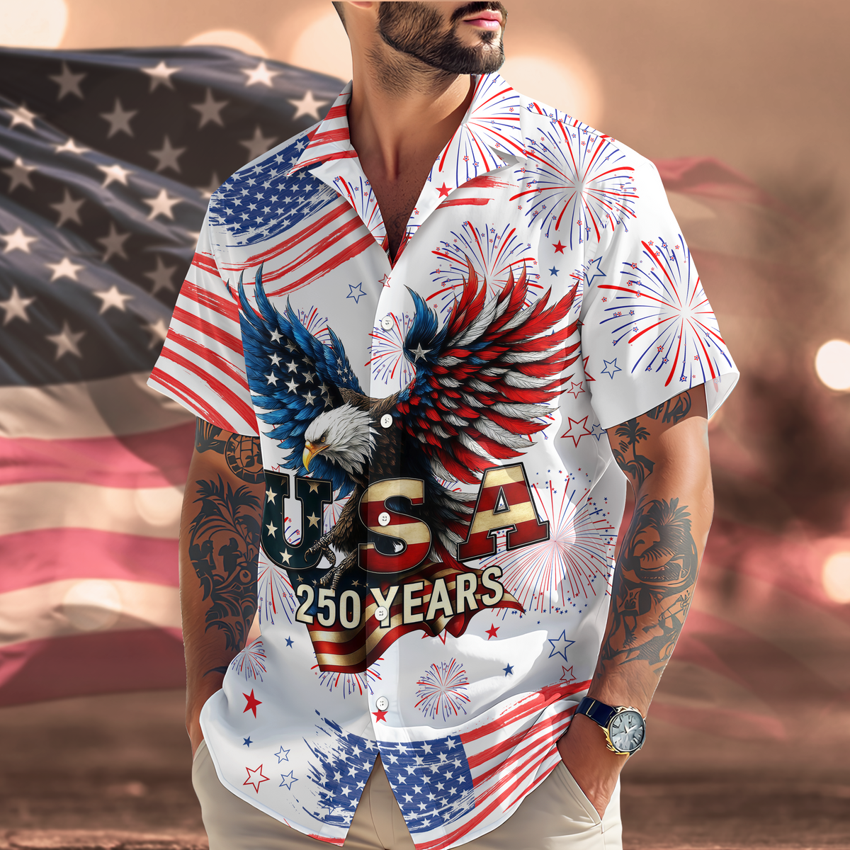 Patriotic Bald Eagle USA 250 Years - Hawaiian Shirt - Gift for Dad, Husband, Grandpa HN02