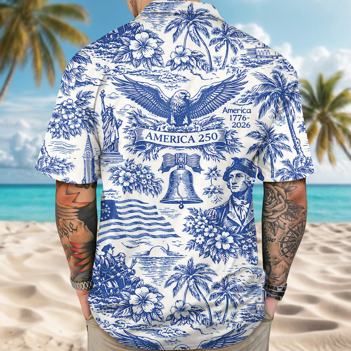 America 250th Anniversary Toile De Jouy Style Patriotic - Hawaiian Shirt - Gift for Dad, Husband, Grandpa | HN02