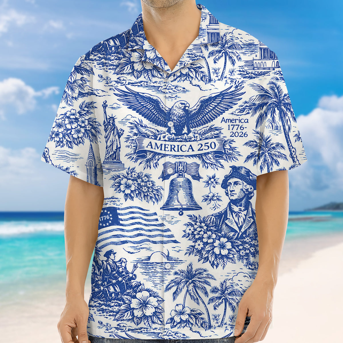 America 250th Anniversary Toile De Jouy Style Patriotic - Hawaiian Shirt - Gift for Dad, Husband, Grandpa | HN02