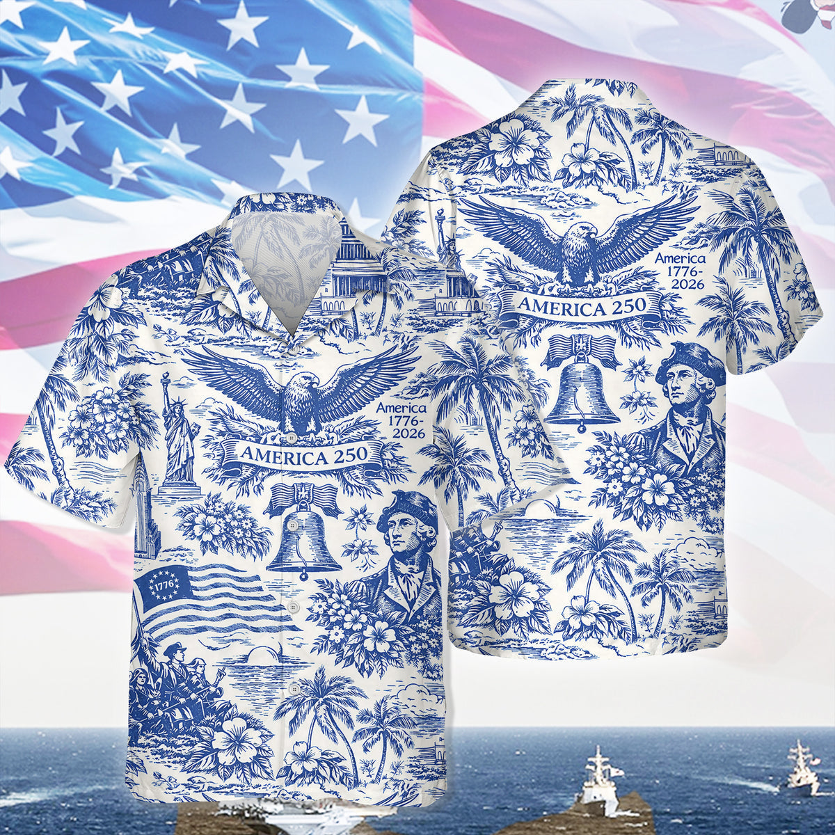 America 250th Anniversary Toile De Jouy Style Patriotic - Hawaiian Shirt - Gift for Dad, Husband, Grandpa | HN02