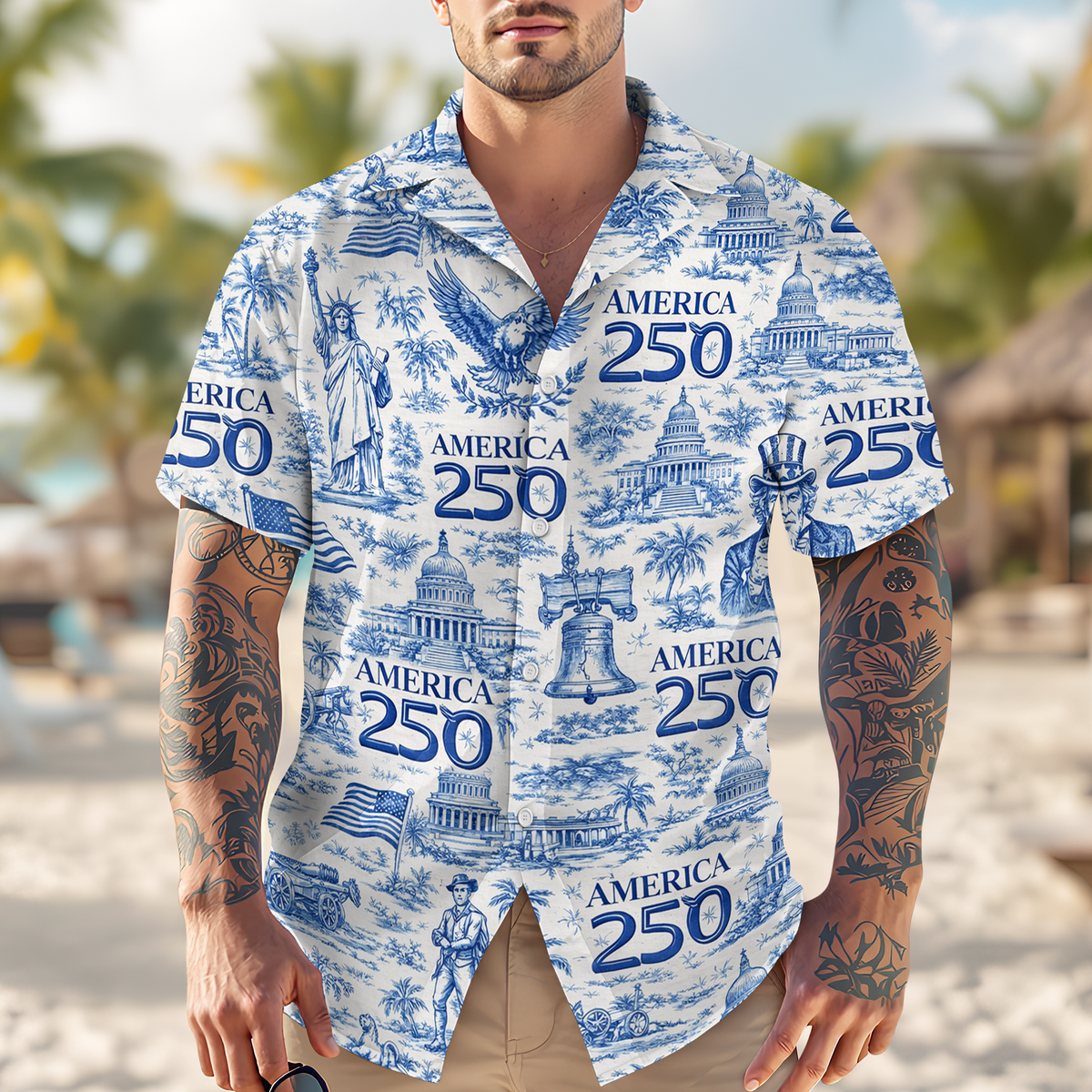 America 250th Anniversary Toile De Jouy Style - Hawaiian Shirt - Gift for Dad, Husband, Grandpa HN02