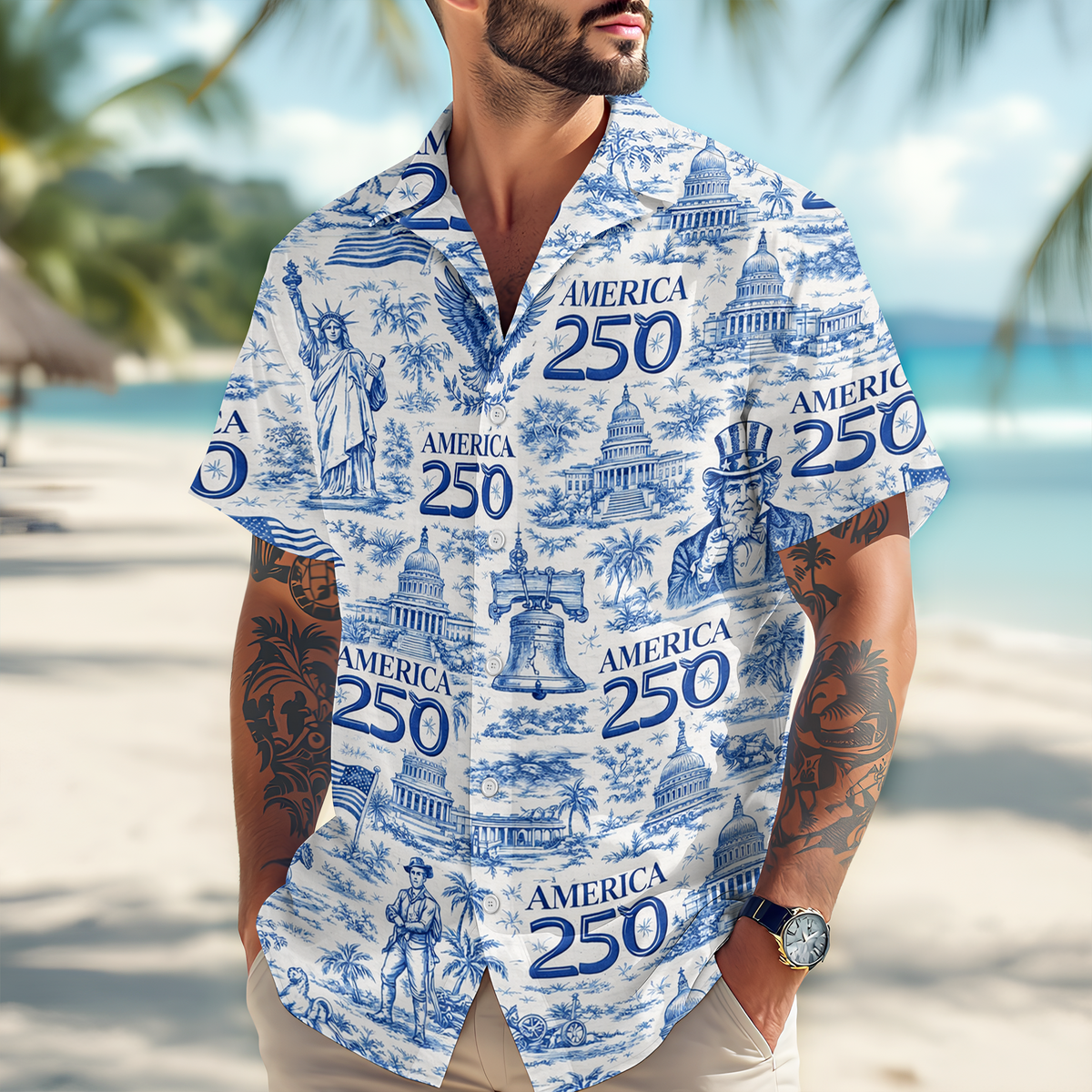 America 250th Anniversary Toile De Jouy Style - Hawaiian Shirt - Gift for Dad, Husband, Grandpa HN02