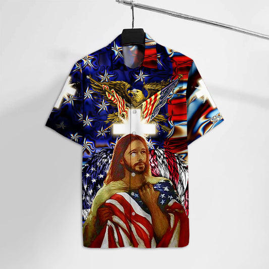 Patriot 4th Of July Hawaii Shirt God Cross American Flag Eagle Hawaiian Shirt