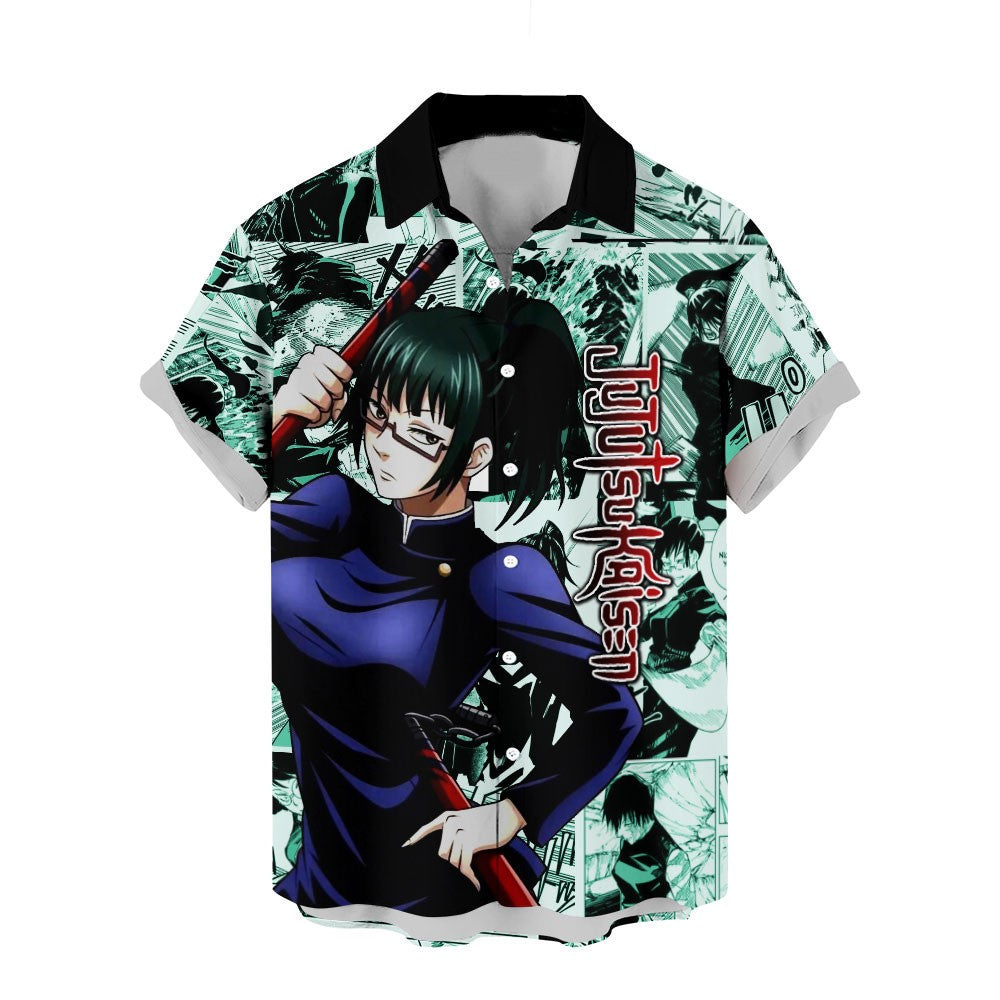 NoClaws Jujutsu Kaisen Hawaii Shirt Maki Zenin Character Manga Style Pattern Aloha Shirt Green Unisex