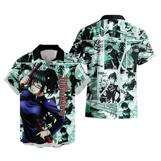 NoClaws Jujutsu Kaisen Hawaii Shirt Maki Zenin Character Manga Style Pattern Aloha Shirt Green Unisex