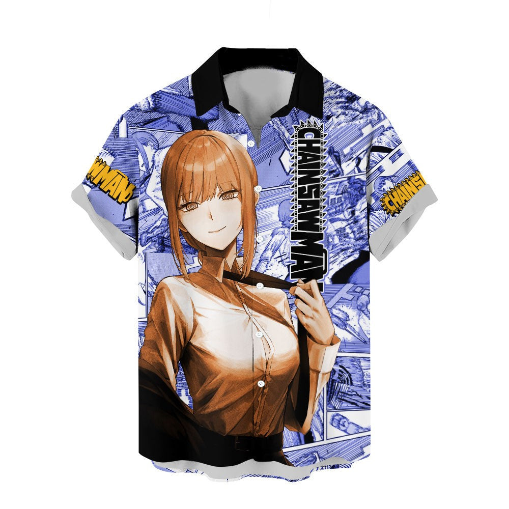 NoClaws Chainsaw Man Hawaii Shirt Makima Character Manga Style Pattern Aloha Shirt Blue Unisex