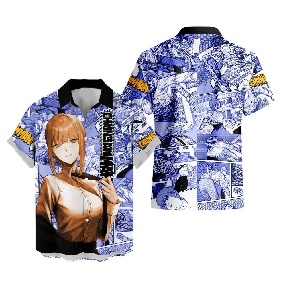 NoClaws Chainsaw Man Hawaii Shirt Makima Character Manga Style Pattern Aloha Shirt Blue Unisex