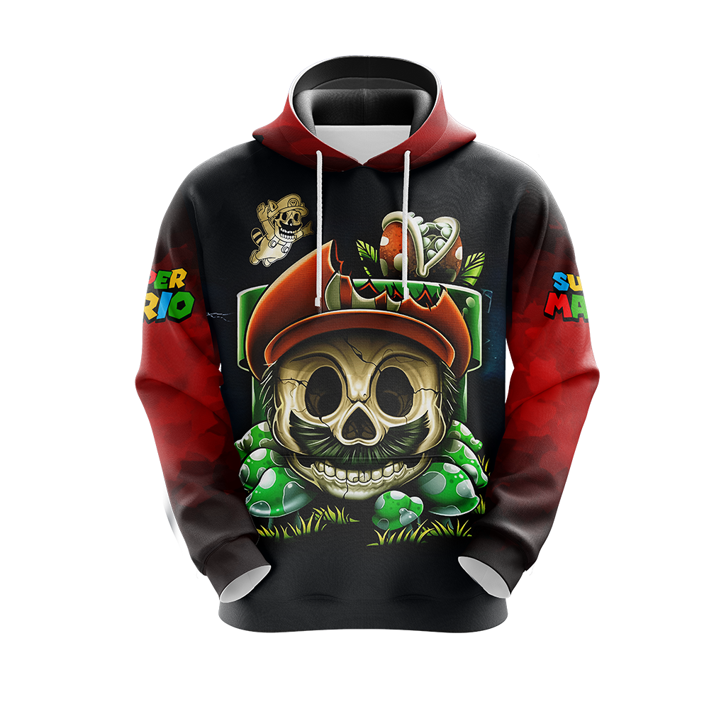 Mario Hoodie Mario Skull Game Over Hoodie Black Red Unisex