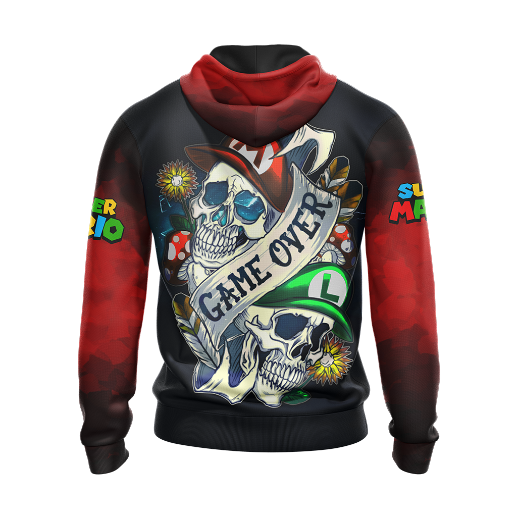 Mario Hoodie Mario Skull Game Over Hoodie Black Red Unisex