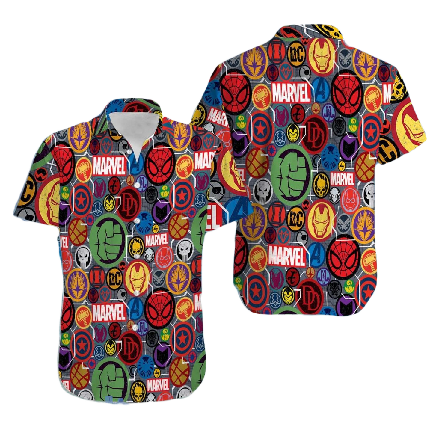 NoClaws NoClaws Marvel Hawaii Shirt Marvel Hero Character Symbol Pattern Hawaiian Shirt Colorful Unisex