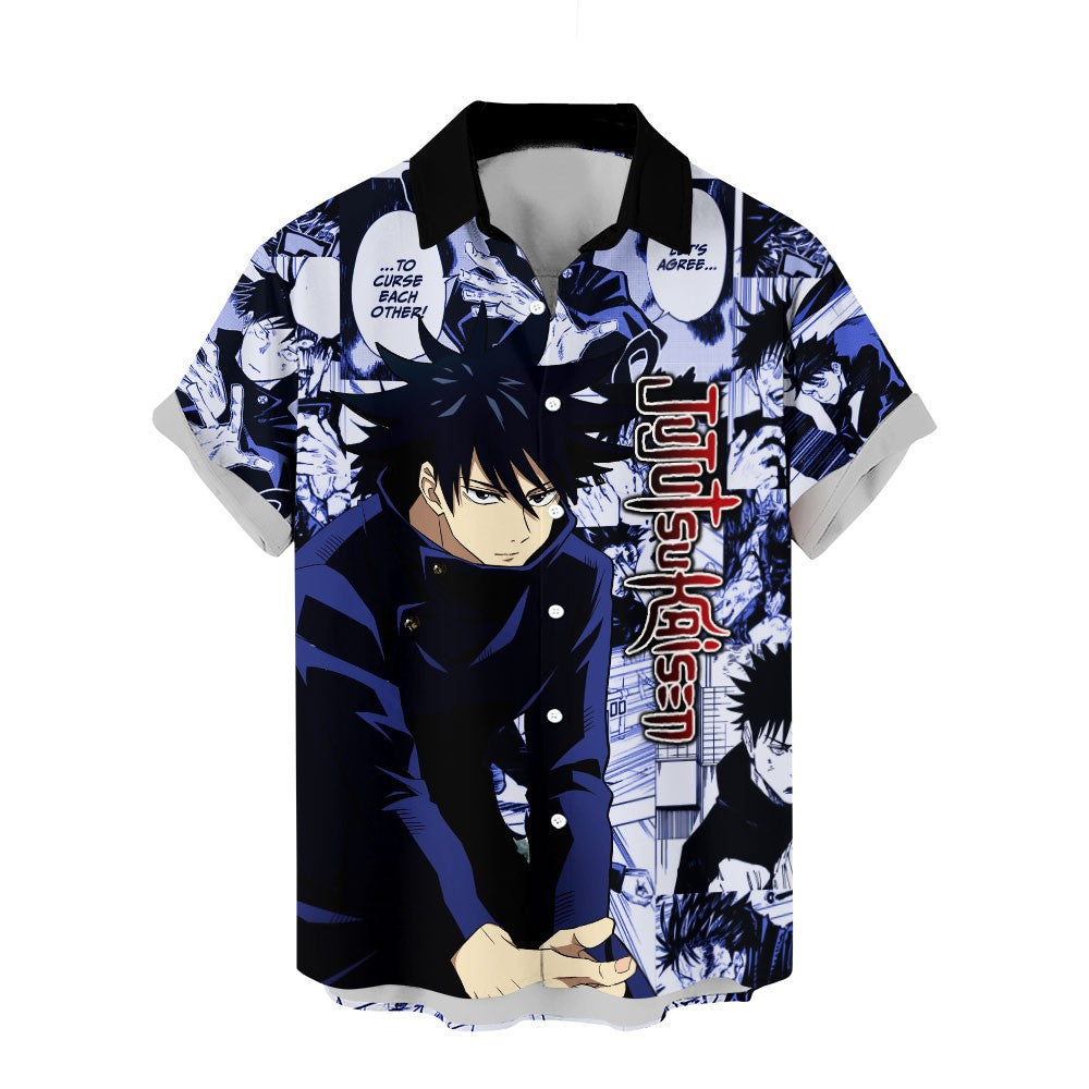 NoClaws Jujutsu Kaisen Hawaii Shirt Megumi Fushiguro Character Manga Style Pattern Aloha Shirt Blue Unisex