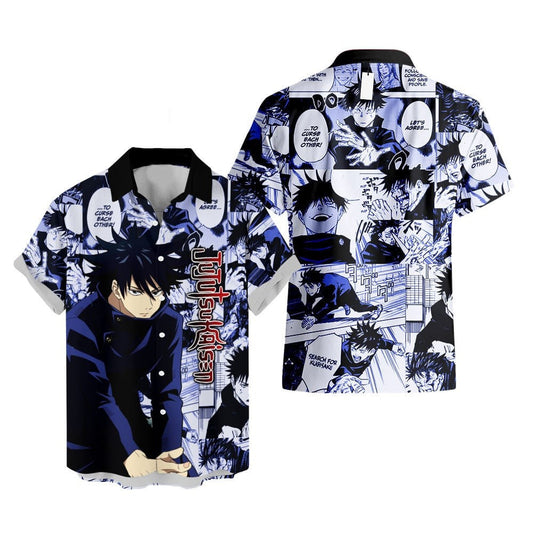 NoClaws Jujutsu Kaisen Hawaii Shirt Megumi Fushiguro Character Manga Style Pattern Aloha Shirt Blue Unisex