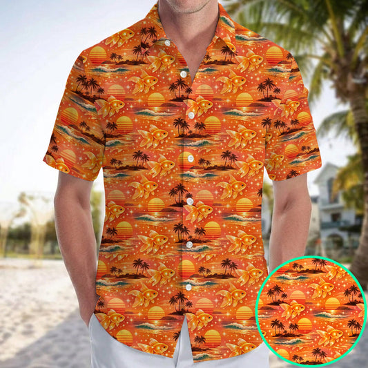 Goldfish Hawaiian Shirt, Sunset Beach Tropical Aloha Shirt, Ocean Summer Vacation Shirt