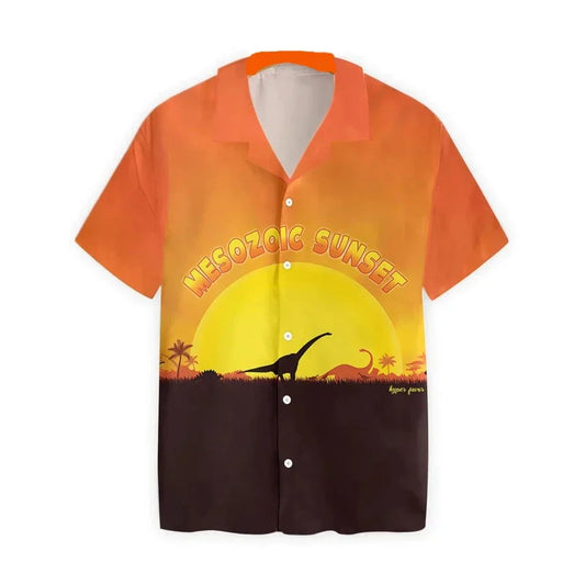 NoClaws Dinosaur Hawaii Shirt Mesozoic Sunset Dinosaur Silhouette Hawaiian Shirt Black Orange Unisex