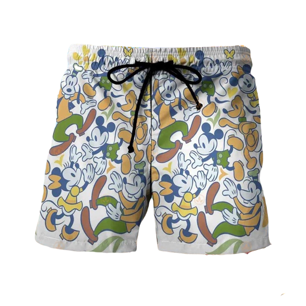 Disney Shorts Pluto Minnie Mickey Mouse Goofy Pattern Beach Shorts Yellow Green