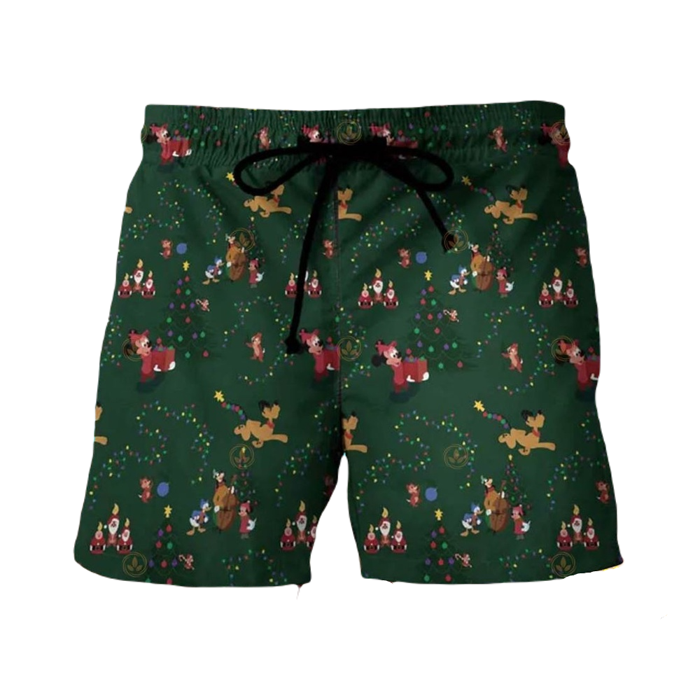 Disney Shorts Mickey Mouse and Friends Christmas Eve Pattern Beach Shorts Green